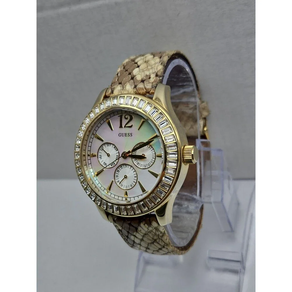 GUESS Womens Gold Tone MOP Day Date Watch Crystals Snake Leather New Battery